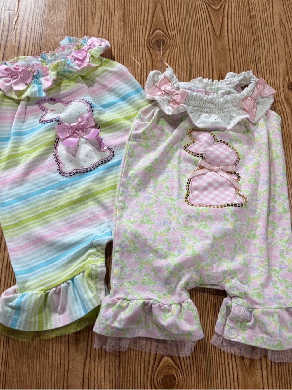 7/$20 Bonnie Baby Pastel Patterned Ruffle One-Piece Set with Bunny Bows Tulle
